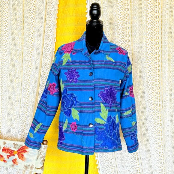 Vintage Chicos Design Turquoise Cotton Jacket with Silk Floral Appliqué Size M - Picture 1 of 10